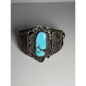Artisan Handmade Sterling Silver Turquoise Cuff Bracelet Vintage Stamped AB 44g